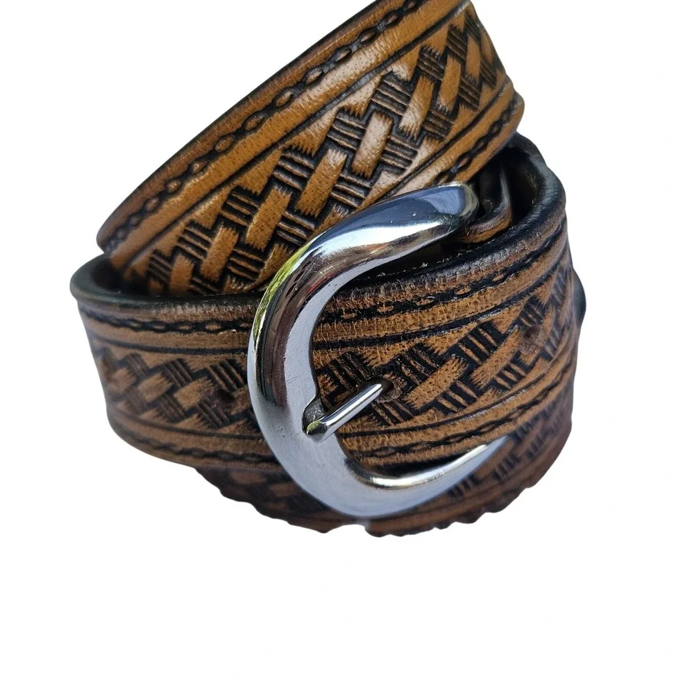 C.L. Belt Mens Small Brown Basketweave Western Tooled Leather Silver Buckle 9700